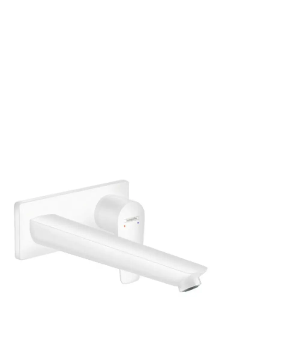 Hansgrohe-Waschtischmischer in Mattweiß, wandmontiert. Einhebelbedienung mit sichtbarem Auslauf. Schlichtes Design für moderne Badezimmer.